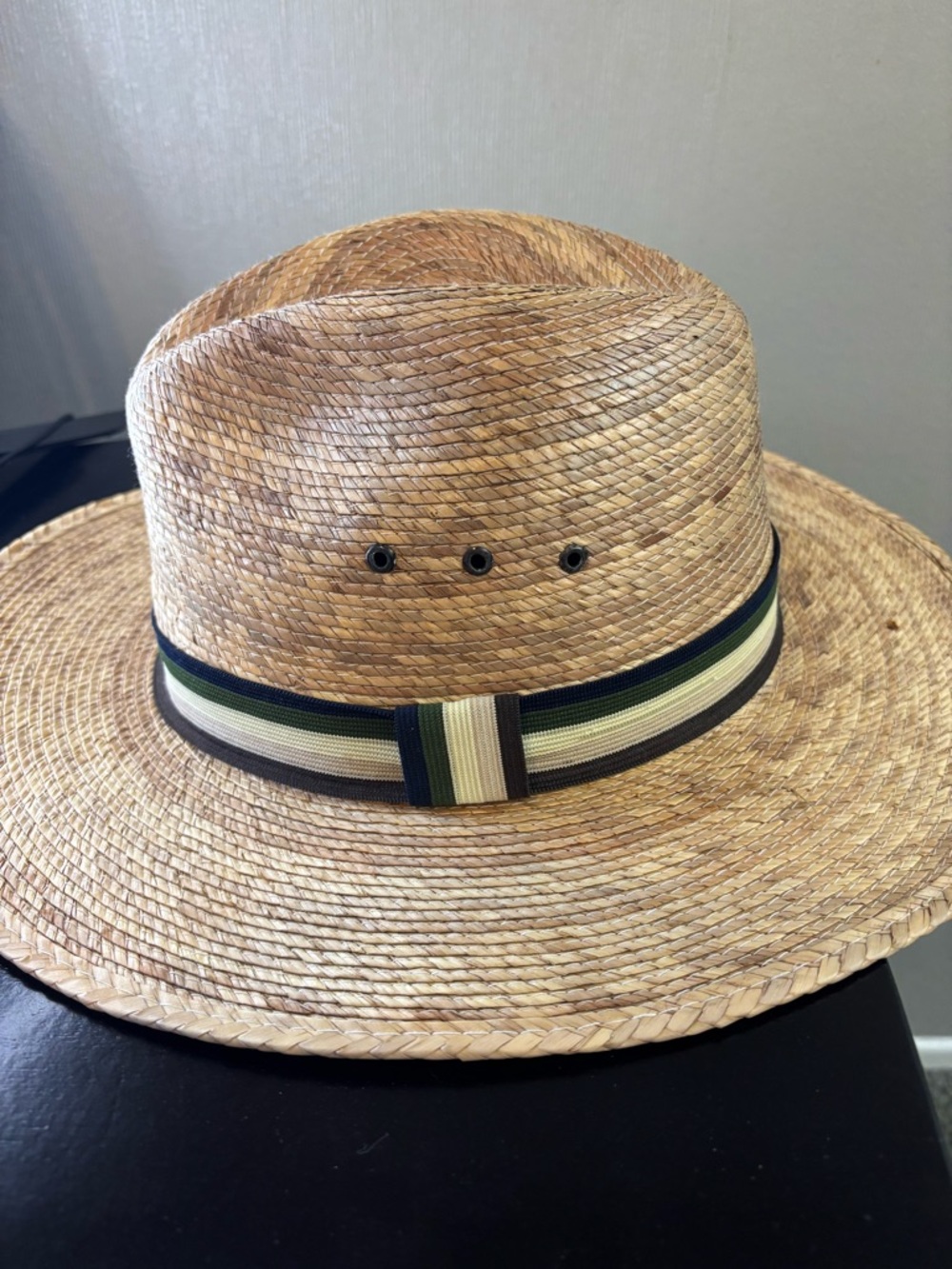 Men's Natural Straw Fedora Hat with Green Accent Band